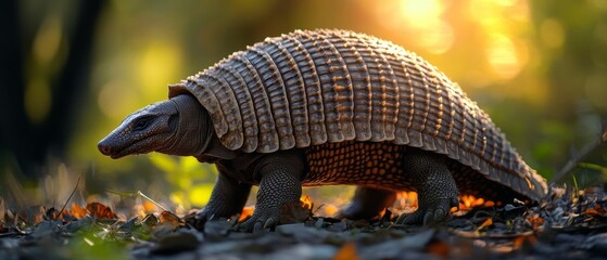 An armadillo is caught in radiant light, strolling amidst the natural brush, highlighting the beauty of its textured shell.