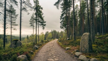 Serene forest path lined with ancient stones under a cloudy sky.