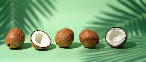 Fresh coconuts rest on a green surface, with tropical leaf shadows adding a summery vibe and natural beauty to the scene.