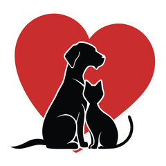 Pet Love Vector Set – Dog and Cat Silhouettes with Heart, Tree, and Nature Elements for Animal Shelter, Veterinary, and Adoption Themes.