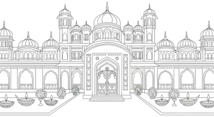 Illuminated Indian Palace Drawing Showcasing Diwali Splendor with Easy Architectural Lines for Coloring