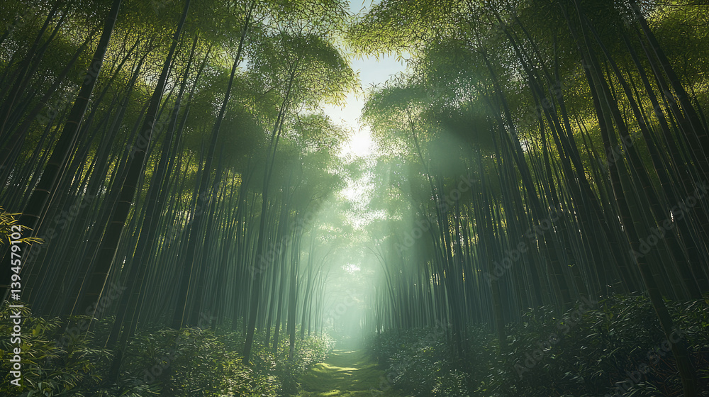 Poster serene bamboo forest with tall green stalks, sunlight filtering through leaves, creating tranquil at