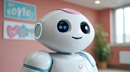 A charming robot with a friendly face and digital eyes, creating a futuristic aesthetic.