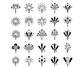 Set of unique flat firework silhouette icons - vector illustrations isolated on a white backdrop.