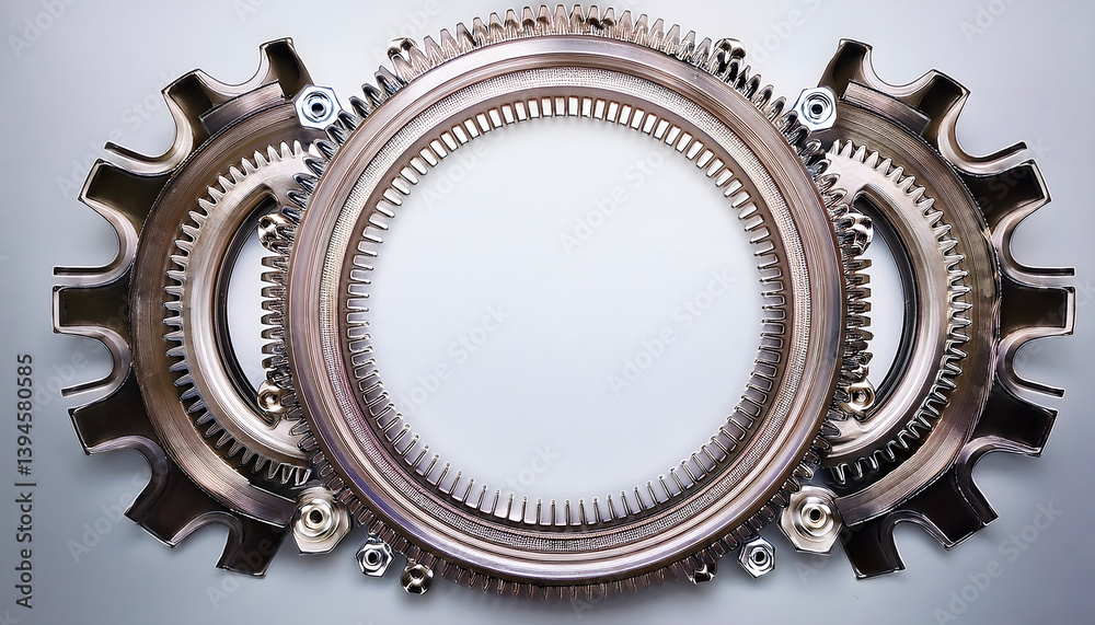 Poster intricate metallic gears arranged in a circular pattern, showcasing industrial design and mechanical