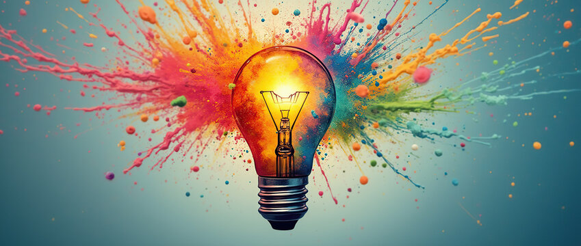 A dynamic light bulb bursts with vivid colors, illustrating the power of new ideas and the excitement of creative brainstorming.