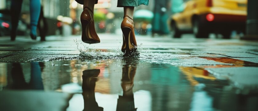 High heels splash in a rain puddle on a vibrant city street, capturing a moment of spontaneous elegance.