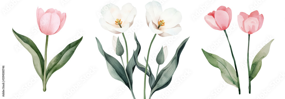 Poster isolated minimalist flower mockups featuring delicate tulips in soft pink and white hues with smooth