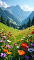 Fototapeta premium Wildflower meadow in mountain valley, abundant blooms , ecology, vibrant