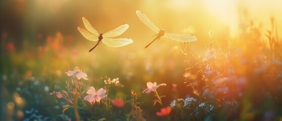 Two dragonflies hover over a flower-filled meadow, bathed in warm sunset light, epitomizing elegance amidst nature's vibrant palette.