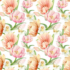 Spring flowers, Tulips and Daffodils. Seamless pattern. Hand drawn watercolor illustration in pastel colors for packaging, textiles and botanical designs.