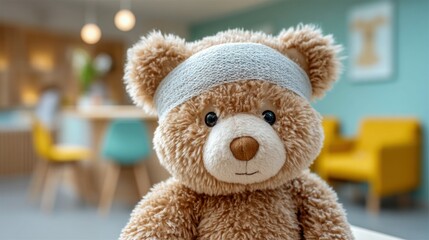 Fototapeta premium A teddy bear with a head bandage sits in a cozy setting, symbolizing care and comfort.