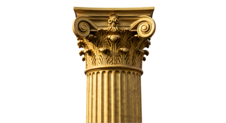A detailed close up of a golden ionic column with intricate carvings against a black background space