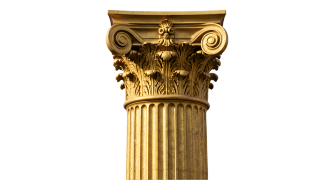 A detailed close up of a golden ionic column with intricate carvings against a black background space - Powered by Adobe