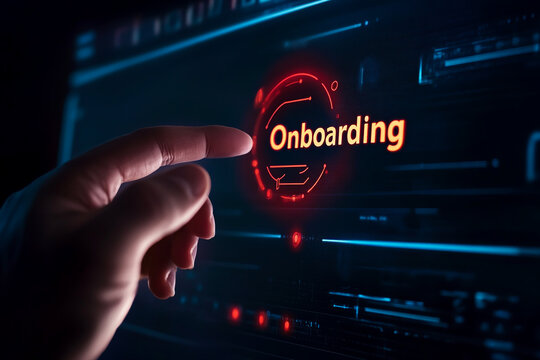 Businessman touching onboarding icon with text Onboarding in virtual screen - Powered by Adobe