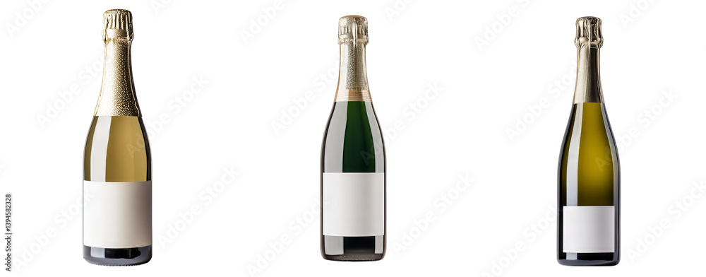 Leinwandbilder Minimalist mockups showcasing three bottles of sparkling wine in a clean, isolated setting with blank labels for customizable branding