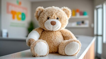 Obraz premium A plush teddy bear with a bandaged arm, sitting, with a friendly expression, embodies comfort.