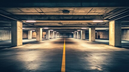 Naklejka premium Empty parking garage with fluorescent lights creating an empty atmosphere 