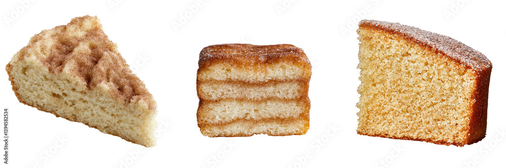 Poster Elegant display of assorted cake slices arranged on a minimalist surface, showcasing distinct textures and flavors