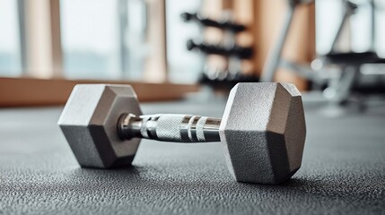 A single dumbbell rests on a gym floor, inviting a workout session for strength and fitness.
