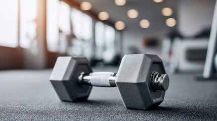 A single dumbbell in the gym, ready for a workout, placed on the textured floor.