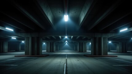 Urban parking garage corridor illuminated by fluorescent lights  