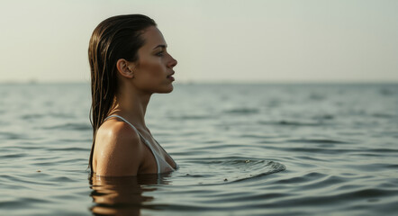 Pensive woman enjoys the calm sea. Solitude and serenity concept for mental health awareness campaign or coastal tourism promotion. Relaxation and wellness lifestyle idea