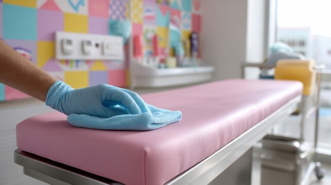 A gloved hand wipes down an examination table with a cloth to maintain cleanliness in a medical environment.