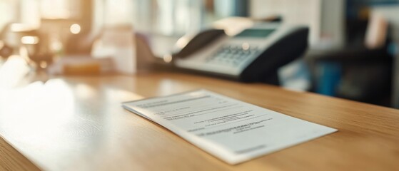 Obraz premium Sunlit office desk with a focused document and blurred contours of a printer, conveying a feeling of workspace organization.