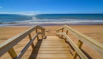 Fototapeta premium Wooden Boardwalk Leading to the Calm Ocean Waves on a Sunny Day at a Tropical Beach Paradise