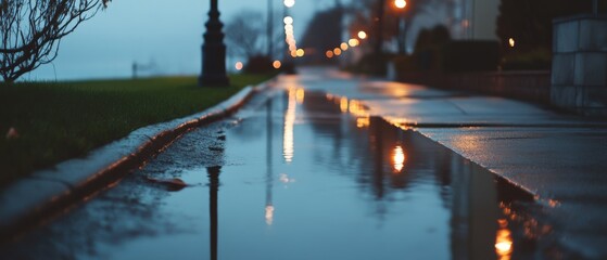 A wet street reflects evening lights, capturing a tranquil, moody ambiance with a sense of solitude and wonder.