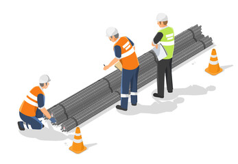 Construction workers inspecting and checking bundled steel rebar at the construction site for quality assurance and inventory control isolated isometric