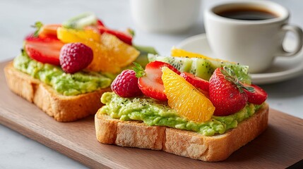 Colorful avocado toast with fresh fruit, vibrant avocado toast breakfast style, and healthy avocado toast meal with coffee for nutrition lovers, healthy breakfast, fruit toppings, nutritious brunch.