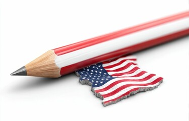 A pencil, representing education, placed on a map in the shape of the American flag.