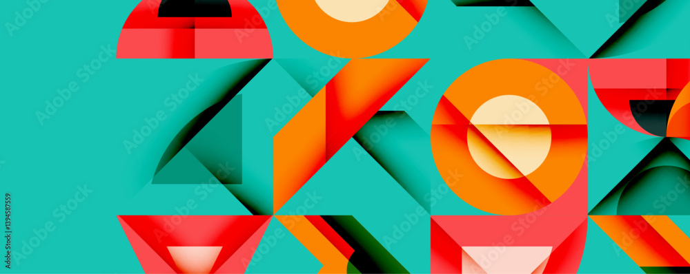 Aufkleber Abstract geometric composition. Overlapping shapes create dynamic visual interest. Bright colorsorange, red, tealdominate design. Minimalist aesthetic, modern feel.
