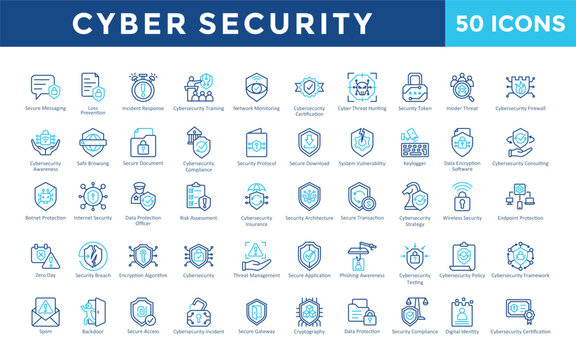 Cybersecurity icons set with secure messaging, data loss prevention, incident response, cybersecurity training, network monitoring, cybersecurity certification icon. Simple outline color vector 
