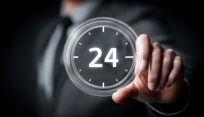 A businessman touching a glowing clock displaying 24, symbolizing around-the-clock availability.