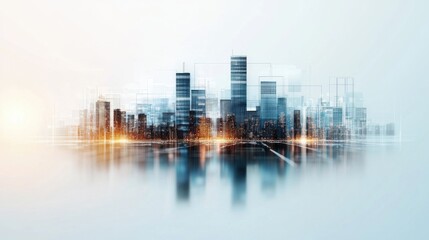 Fototapeta premium A futuristic city skyline with tall buildings, featuring a blend of digital elements and a soft color gradient.