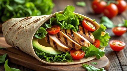 grilled chicken and avocado wrap with fresh greens and tomatoes in a whole wheat tortilla