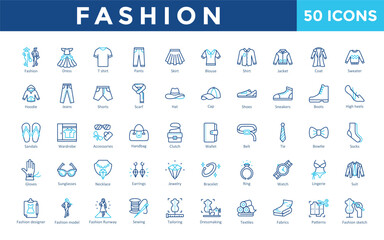 Fashion icons set with fashion, dress, t shirt, pants, skirt, blouse, shirt, jacket, coat, sweater icon. Simple outline color vector 
