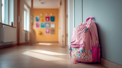 A pink backpack in a school hallway, ready for class and filled with the tools for learning, study