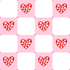 Seamless pattern with hearts and gingham accents in soft pastel tones. Ideal for children clothing, Valentines fabric, and sweet romantic prints