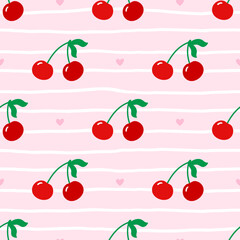 Cute cherry pattern with a minimal and decorative look. Seamless repeat design suited for summer-themed wrapping, textile prints, and kids clothing
