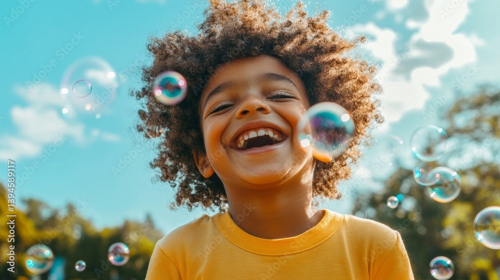 Poster a cheerful child is playing in a vibrant park, surrounded by soap bubbles that shimmer in the sunlig