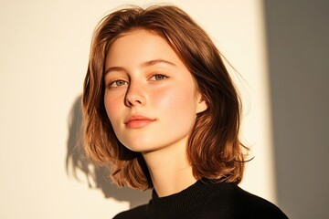 Young woman with freckles looks at camera