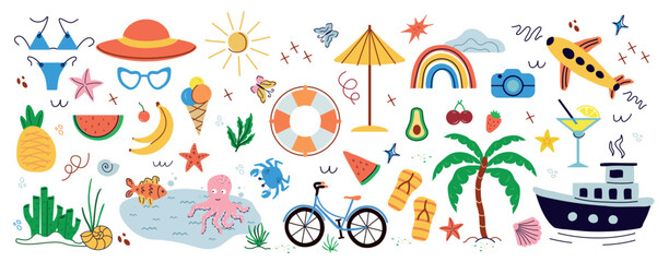 Naklejka premium trendy, tropical fruits, desserts, summer elements. naive, summer set, isolated eleents on a white background. minimalist, childish, naive style. for print, banners, social networks art 