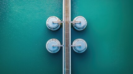 Aerial view of circular structures connected by a pathway, surrounded by turquoise water, showcasing modern engineering and design.
