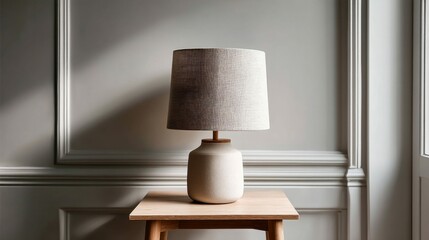 A stylish table lamp, featuring a neutral linen shade and a ceramic base, sits on a wooden table.