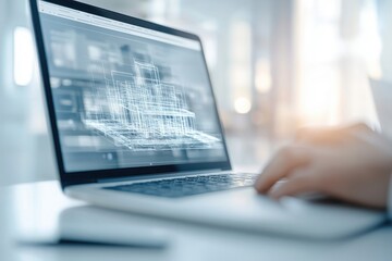 A person typing on a laptop displaying architectural blueprints, emphasizing design and technology in a modern workspace.