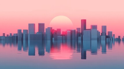 Obraz premium Cityscape silhouette at sunset with water reflections and colorful sky.